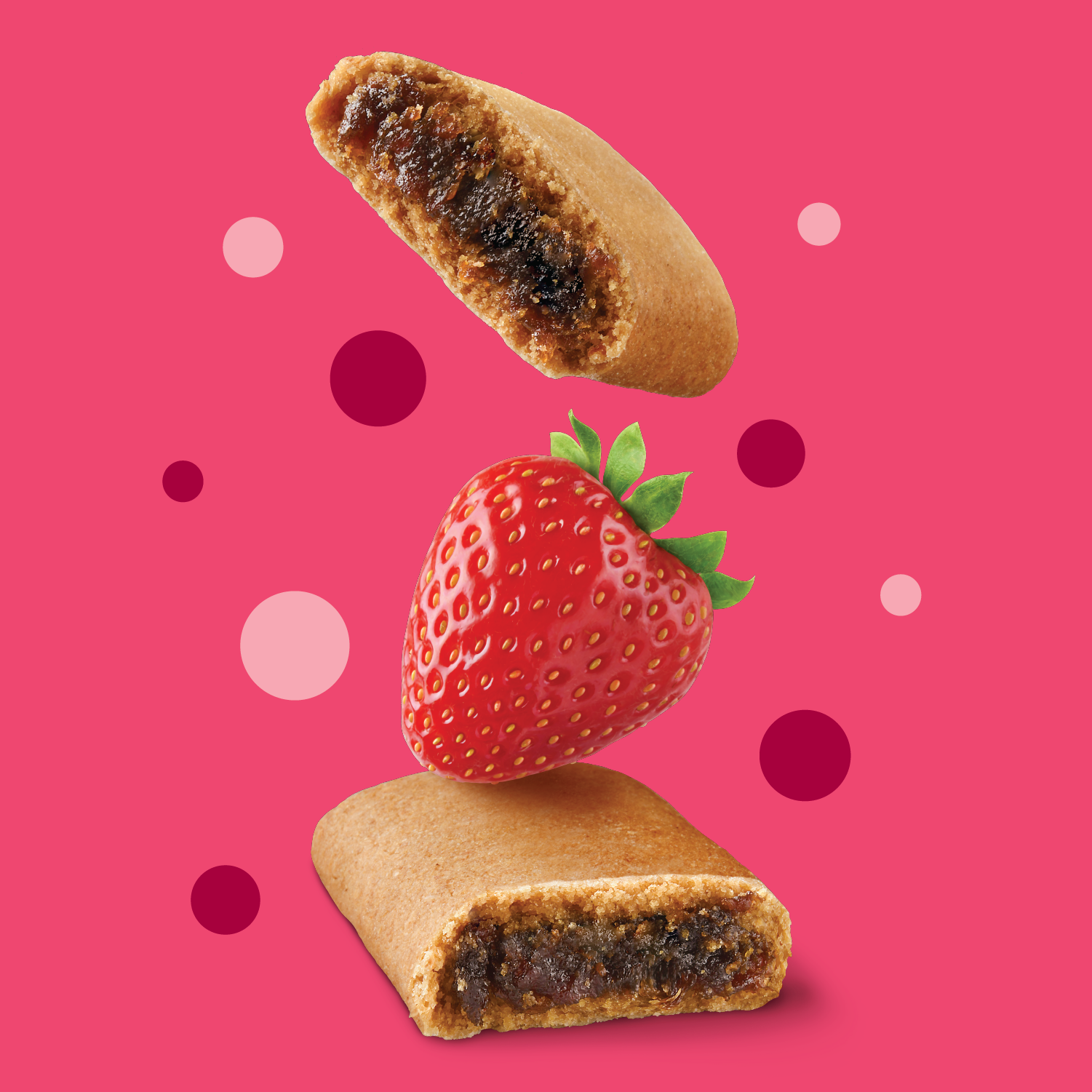 Pink graphic with a strawberry between to pieces of a Doolies bar