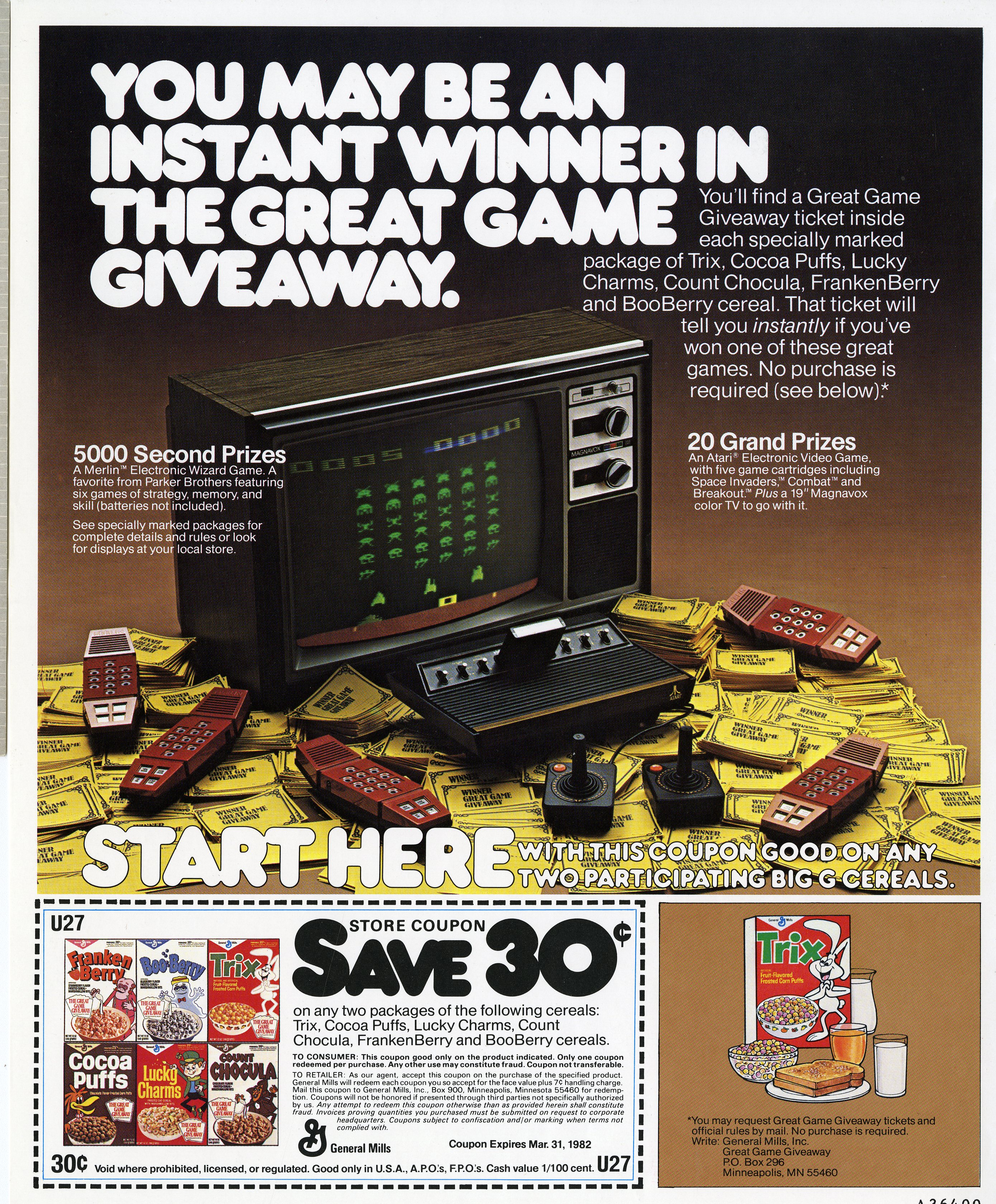 Great Game Giveaway promotion on cereal box in 1982
