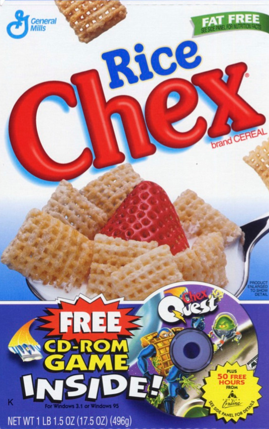 Rice Chex cereal box with Chex Quest promotion
