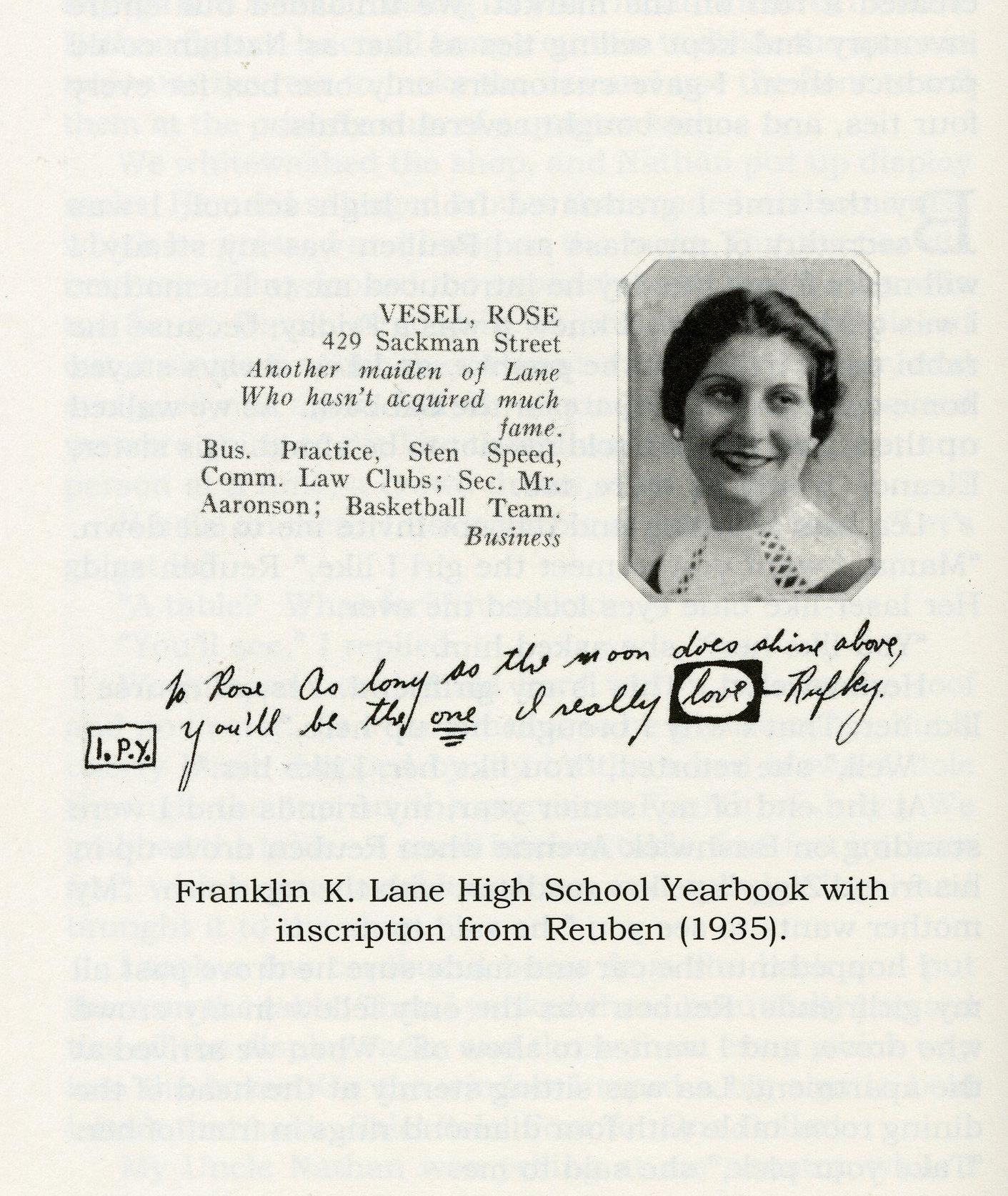 Rose Mattus yearbook with note from Reuben