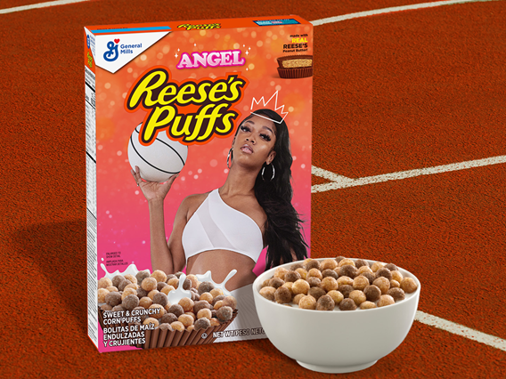 REESE'S PUFFS cereal box featuring all-star Angel Reese