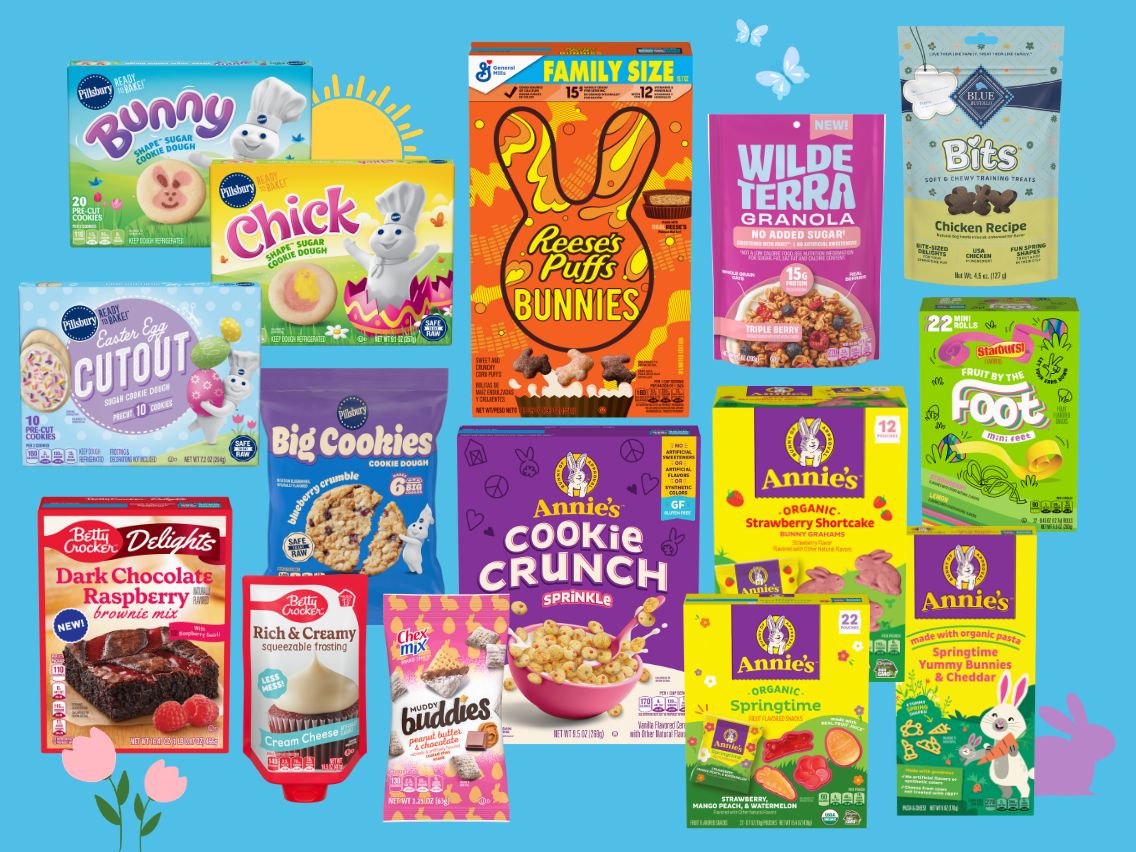 Pillsbury Shape Sugar Cookies, Reeses’s Puffs Bunnies, Betty Crocker Delights and more spring-forward products arranged on a bright blue background with sun and buttery fly infographics for spring.